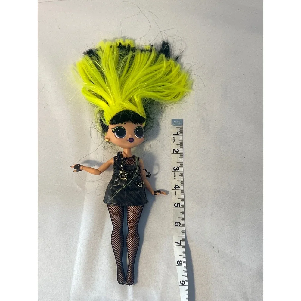 LOL Surprise Doll Fierce Punk Rocker Neon Hair Black Faux Leather Dress Fishnets